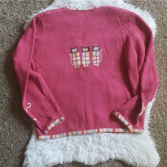 Christopher & Banks embroidered pink Cat Sweater Jacket Shacket Size Medium - Picture 6 of 9